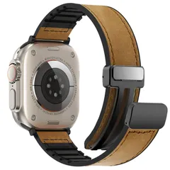 マグネット式レザーバンド Apple Watch Series 9 41mm 45mm/ Ultra2 49mm 男女兼用 ソフトシリコンパッチワークレザーストラップ 交換用 Apple [ライトブラウン] [46/44/45/49mm/42mm(S321)]