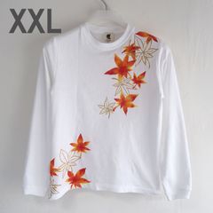 手描き舞紅葉柄袖リブロングTシャツ XXL ホワイト 長袖 秋冬 白