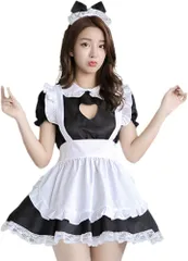 TUISKU メイド服 コスプレ ハロウィン 仮装 ロリータ 3点セット ワンピース エプロン ネコ耳カチューシャ フリーサイズ(ブラック)
