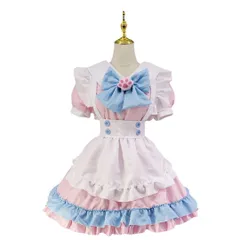 メイド服 ピンク×水色 フリル付き 大きなリボン 可愛い コスプレ 仮装 イベント用 衣装674