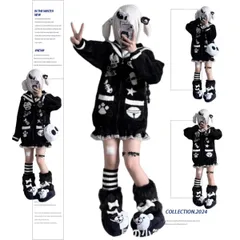 新品 未使用 日系白モノクロ可愛い セーラー襟 ニット カーディガン 毛茸感 冬用 ゆったりしたシルエット サブカルチャー パンク風 秋冬コーデ ガーリースタイル レディース 長袖 トップス カジュアル ジャケット