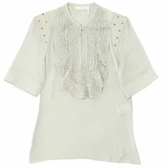 クロエ CHLOE レースフリルブラウス シャツ 半袖 シフォン ハトメ ブルー グレー系 34 Sサイズ相当 0414のサムネイル