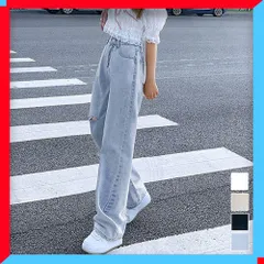 新品 デニム ストレートパンツ ダメージジーンズ ストリート ヴィンテージ セミワイド レディース 【送料無料】