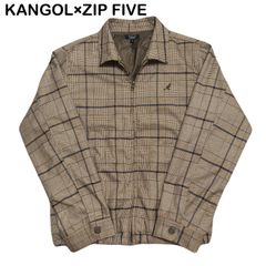 KANGOL × ZIP FIVE コラボ チェック柄 レトロ ワンポイント 刺繍 襟付き ブラウン ジャケット ブルゾン ジャンパー ライトアウター Mサイズ