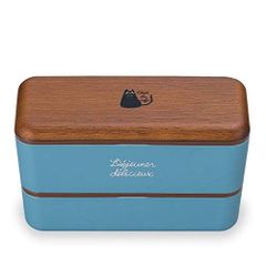 【数量限定】二段式 木目×ブルー 下段/280上段/450ml 長角ネストランチ cafe 4627177 du chat