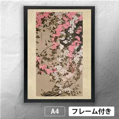 模写】日本画 観山 紅白三桃図 花鳥 雀 絹本 掛軸 彩色 MA989