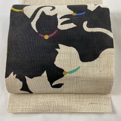 名古屋帯 美品 逸品 夏帯 紬地 八寸名古屋帯 猫 金彩 ベージュ 正絹 【中古】