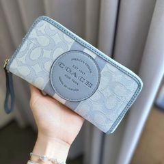 COACH コーチ 財布 ラウンドファスナー シグネチャーキャンバス 長財布 レザーアクセント 軽量 スタイリッシュ ブルー
