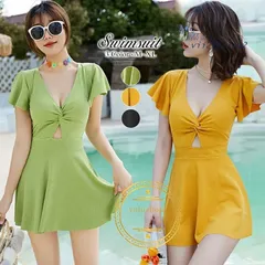 バック水着 ワンピース ハイウエスト レディース ショートパンツ フリル 体型カバー半袖 胸元 スイムウエア スカート 海  vii2f471612