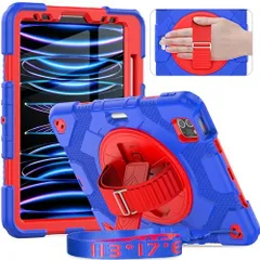 iPad Pro 11 インチ_ブラック +ダークブルー Timecity iPad Air5/ 4 ケース 2022 iPad Pro 11インチ ケース 耐衝撃 三層保護 頑丈 保護フィルム付き 360度回転 スタンド 肩掛け ショルダーストラップ 片手持