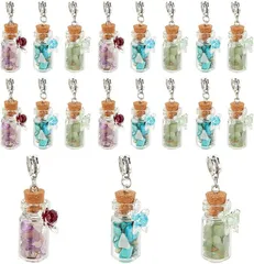 PH PandaHall 20個入り さざれ石 小瓶入り ペンダント パワーストーン 花のデザイン ガラス瓶 砕石 ミニガラスボトル ミックス石 コルク瓶 クセサリーパーツ 幸運 ラッキー クラフト用品 ネックレス 手芸材料( ミックスカラー)