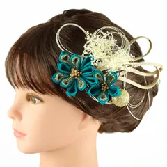 髪飾り 成人式 水引 つまみ細工 振袖 前撮り 袴 花 カスミソウ 8点セット 青緑 白 ゴールド ちりめん 組紐 玉飾り 造花 ビーズ No.9-5186