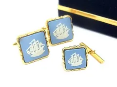■美品■ WEDGWOOD ウェッジウッド ジャスパー カメオ カフス カフリンクス ネクタイピン 2点セット ブルー系×ゴールド系 DF9499 冠婚葬祭 結婚式 葬式のサムネイル