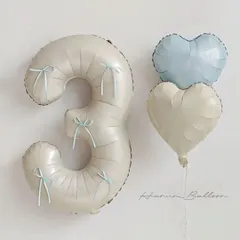 誕生日飾り風船セット誕生日飾り風船セット　くすみカラーナンバーバルーン　リボン付き　リボンコア　水色　クリーム系　100日祝い　記念日