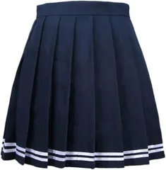 FUPUONE 制服スカート 長め 紺 白ライン 女子高生 JK コスプレ プリーツスカート ミニスカート(ネイビー+ホワイトライン,  S)