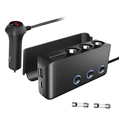 Elekeed シガーソケット 3連 【Quick Charge 3.0 ＆ PD65W 搭載】 急速充電 増設 カーチャージャー 4ポート付き USB (最大8.5A/5V) スマートIC 12-24V車 独立スイッチ 電源ソケット 分配器 電圧測定