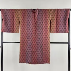 道行 身丈104cm 裄丈69cm L 和装コート 角衿 連珠文 縦縞 赤紫 正絹 美品 逸品 【中古】