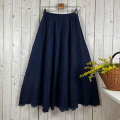新品 スカラップ刺繍 ギャザースカート コットン ネイビー フリー
