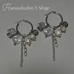 ラスト１点【着せ替えシルバーフープピアス】天然石ホワイトターコイズ　淡水パール　シルバーロゴチャーム　揺れるシルバーチェーン