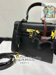ブラックレザー ハンドバッグ オマケのチャーム付き~-WTO輸入-DWY49