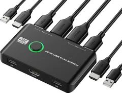 【特価セール】4K KVMスイッチ-HDMI KVM切替器 2入力1出力、2台のコンピューター用のUSB HDMIスイッチ、キーボードマウスプリンターと1台のHDモニターを共有、4K @ 60Hzをサポート、2本のUSBケーブルと2本のHDMIケーブル付き 日