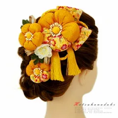 髪飾り 成人式 振袖 袴 浴衣 夏祭り 花火大会 2点セット 黄色 橙色 白 緑 ゴールド ちりめん リボン 房付き 組紐 和柄 ヘアアク No.9-3545