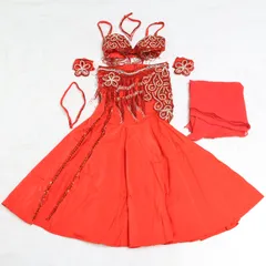 【ベリーダンス用 オリエンタル衣装】レッド 装飾豪華 花のコスチューム 真っ赤 シルバー ラインストーン ゴージャス 綺麗 ブラトップ スカート アクセサリーセット 重量感 高級感 煌びやか 鮮やか