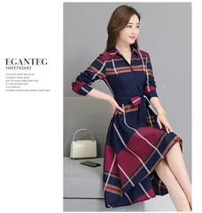 チェック柄ワンピース　ミモレ丈 Ａライン フレア ワンピ シャツワンピース