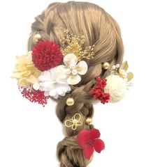 【人気商品】七五三 着物 振袖 ヘッドパーツ 浴衣 ゴールド 赤 結婚式用 和玉 ヘアアクセサリー パール 造花飾り かすみ草 あじさい 手作り ドライフラワー 袴 専用ケース付き 卒業式 髪飾り【8色展開】 A7100 成人式 [JZOON]