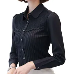 【新品】 [Elixio] [エリクシオ] ブラウス シャツブラウス シャツ レディース レース 暖かい あったか 裏起毛 ストライプ 長袖 厚手 保温 秋 冬 春 襟つき 上品 おしゃれ オフィス 事務服 (JP, アルファベット, M, ブラック) 1