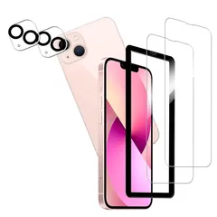 【2+2枚セット】ガイド枠付き KPNS 日本素材製 強化ガラス iPhone13 用 ガラスフィルム カメラフィルム カバー 保護フィルム 0