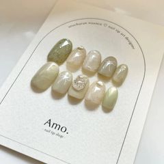 淡色グリーン×ホワイトリボン　ネイルチップ/サイズオーダー