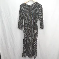 ◇ Θ AMERICAN HOLIC ストライプ柄 ウエストマーク紐付き 長袖 ロング丈 ワンピース サイズ F ブラック レディース E  【1410290054321】