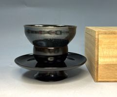 「天目茶碗　天目台」 2点セット 茶道具 油滴 天目 陶器 抹茶碗 真塗 木製漆器 在銘 木箱