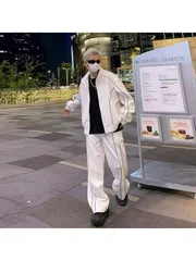 メンズ セットアップ ジャージ 上下セット 韓国ファッション ストリート系 スポーツウェア ルーズフィット ジップアップ ワイドパンツ ツーピース