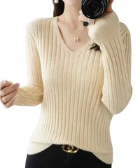 [グリーンパキラ] セーター レディース 秋冬 リブニット トップス vネックセーター 長袖 カットソー ニット 春 vネック オフィスカジュアル 秋 冬 ニットセーター レディーストップス 女性 ブイネック プルオーバー [アプリコット] [XL] [標準]