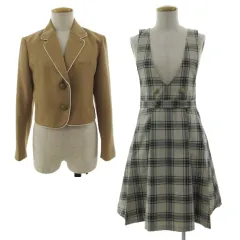 レピピアルマニオ repipi armario スーツ フォーマル 卒業式 リボンタイ付き ジャケット テーラードカラー パイピング ジャンパースカート ひざ丈 タック ベージュ チェック マルチカラー M