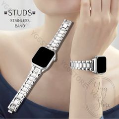アップルウォッチ スタッズ ステンレス バンド 調節工具不要 ワンタッチ 簡単 ステンレス ベルト ツヤあり 40mm 41mm 42mm 44mm 45mm 46mm 49mm 銀 シルバー メンズ レディース カジュアル 交換 互換 Apple Watch