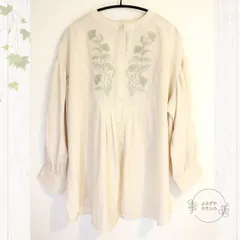 古着　Ray Cassin　レイカズン　レディース　長袖　ノーカラー　バンドカラー　刺繍　ブラウス　シフォン　シャツ　パフスリーブ　フリーサイズ　アイボリー系　トップス　カジュアル　おしゃれ　フェミニン　ファション　春夏秋