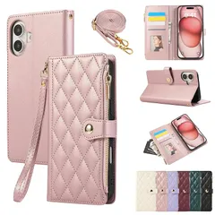 iPhone 16 用 ケース 手帳型 アイフォン16 ケース ショルダー スマホケース 対応 iPhone 16 ひし形柄 いphone16 ケース 人気 女性 肩掛け カード収納 ジップ付き財布 横置き機能 シンプル お洒落 携帯カバー(ローズピンク) 1