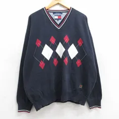 XL/古着 トミーヒルフィガー 長袖 ブランド セーター メンズ 90s アーガイル ワンポイントロゴ コットン Vネック 紺 ネイビー 25sep27 中古