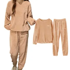 [xppe] 2点セット ルームウエア レディース 上下セット 長袖 クルーネック セットアップ 保温 パジャマ 暖かい 秋冬 部屋着 ふわふわな 肌触り 刺繍ロゴ 防寒 裏起毛 トップス 厚手 肌に優しい ゆったり ウエストゴム