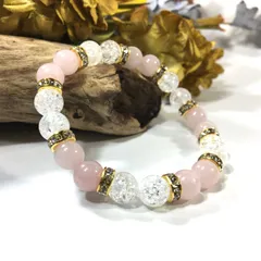 ローズクォーツ&クラック水晶  パワーストーン ブレスレット 天然石 (ゴールド) 8mm　レディース  ●