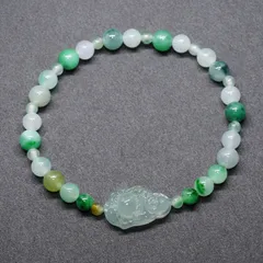 本翡翠 　ミャンマー産　氷種笑い仏様+緑系多彩ブレスレット　約3.8mm~6.7mm　レア　1点物　美品　高級玉石　縁結び　開運　風水調整　国内鑑別書付き