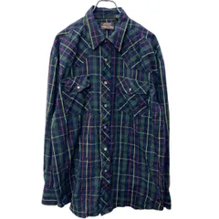 OUTLAW 長袖 チェック ウエスタンシャツ XL ネイビー グリーン レッド スナップボタン ビッグサイズ 古着卸 アメリカ仕入 a704-5424