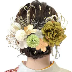 [JZOON] 8色展開 ドライフラワー 髪飾り ダリア 造花飾り 和玉 赤 ヘアアクセサリー 成人式 ゴールド 水引 ヘッドパーツ あじさい 振袖 着物 卒業式 七五三 浴衣 袴 結婚式 かすみ草 和装 造花 手作り 専用ケース付き オリーブグリーン D