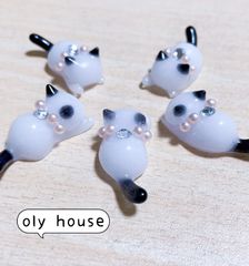 じゃれ猫シリーズ　白黒猫首輪@1   5匹セット　レジン　パーツ
