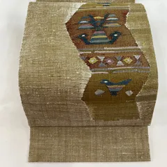 名古屋帯 美品 秀品 松葉仕立て 八寸名古屋帯 鳥 幾何学模様 金糸 茶緑色 正絹 【中古】