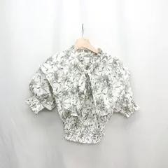 ◇ ⊂ NICE CLAUP シャーリング加工 花柄 七分袖 リボンボウタイブラウス サイズ表記なし ホワイト グレー系 レディース E  【1411210004570】