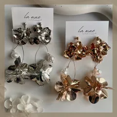 人気NO.2＊《304ステンレス 24KGP》ハンドメイドピアス 大ぶり メタルフラワー バロックパール ワイヤー ゴールド シルバー お花 ウェディング ブライダル アレルギー対応《イヤリング変更可能》